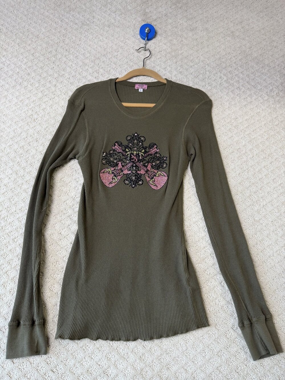 Yvette Mandell Thermal Knit Top Womens Green Crew Neck Long Sleeve Size L